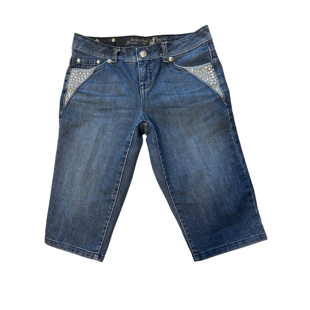 Style & Co Womens 4P Rhinestone Embellished Denim Bermuda Shorts Blue Stretch